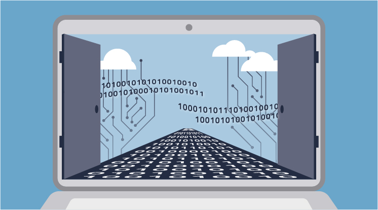 Ein stilisierter Laptop, der auf seinem Bildschirm eine geöffnete Tür zeigt. Diese führt zu einer „Datenlandschaft“: Datenautobahn mit Einsen und Nullen, Bäume, die wie Netzwerkbäume aussehen, und Wolken, die Clouds symbolisieren.